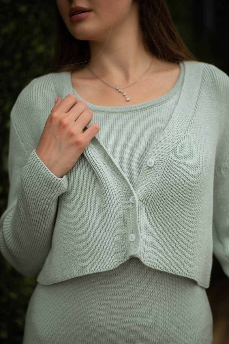 Mint cropped knit cardigan, Soft cotton light dress set, Minty cozy sweaterdress image 4