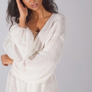 Bridal white mohair cape, Long belted open front cardigan, Gentle wrap cardigan image 6