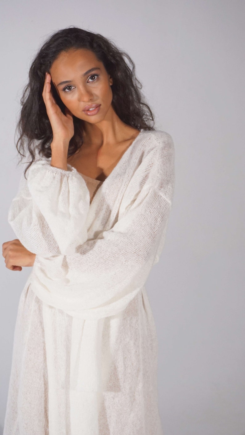 Bridal white mohair cape, Long belted open front cardigan, Gentle wrap cardigan image 6