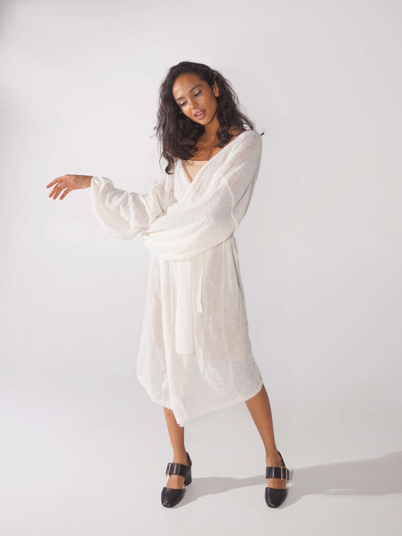 Bridal white mohair cape, Long belted open front cardigan, Gentle wrap cardigan image 5
