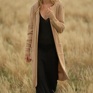 Basic maxi long beige coat, Open front handknitted alpaca cardigan image 8