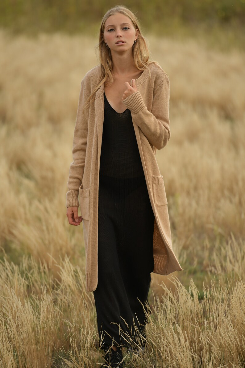 Basic maxi long beige coat, Open front handknitted alpaca cardigan image 8