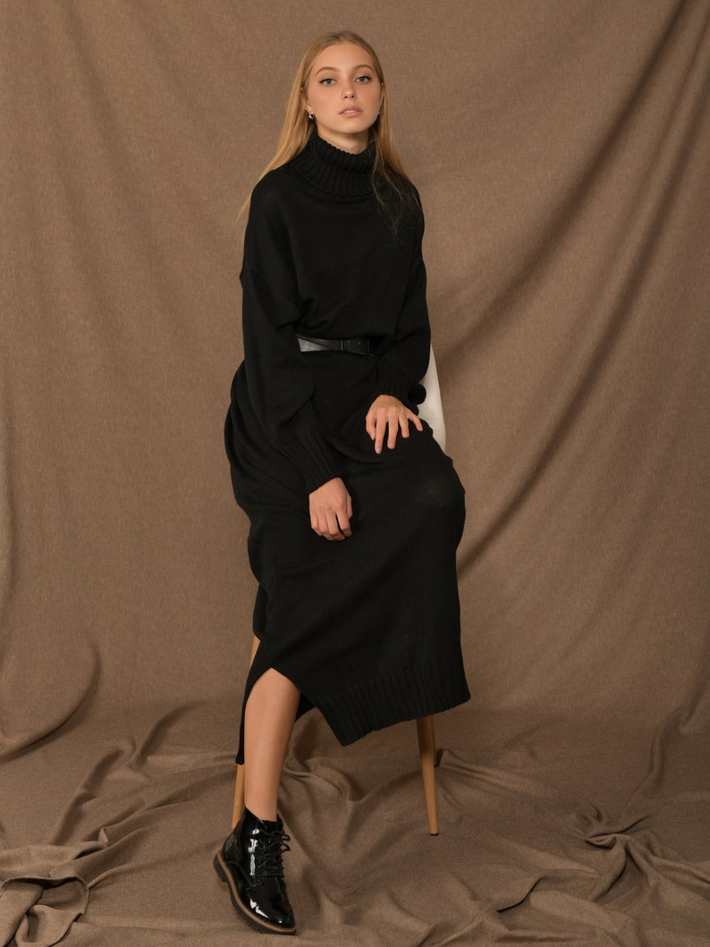 Knitted black wool maxi dress, Long sweater casual dress, Turtleneck warm dress image 2
