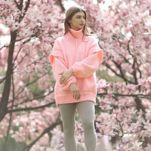 Pink Oversized Turtleneck Sweater Women Chunky Knit Pullover Cozy Soft Wool Jumper Winter Fashion Warm Loose Fit Knitwear Gift