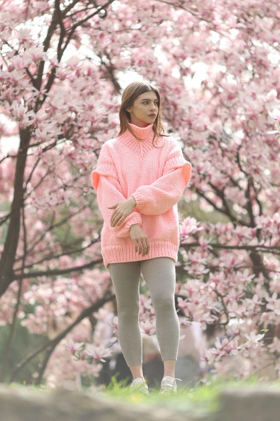 Rosa Oversized Rollkragenpullover Frauen Grobstrick Pullover