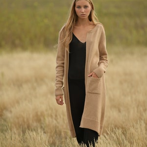 Basic maxi long beige coat, Open front handknitted alpaca cardigan image 2