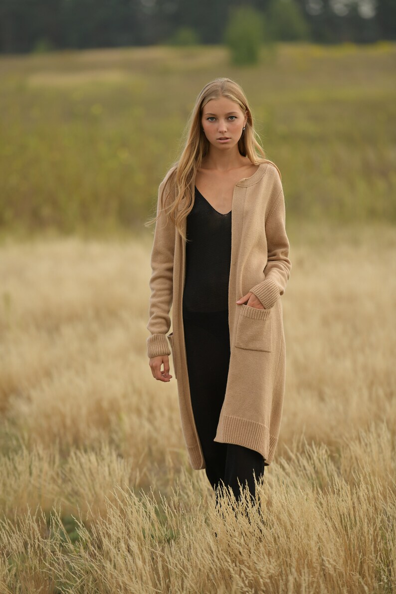 Basic maxi long beige coat, Open front handknitted alpaca cardigan image 2