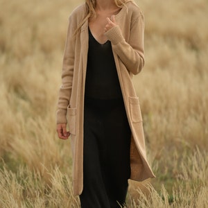 Basic maxi long beige coat, Open front handknitted alpaca cardigan image 6