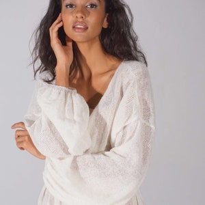 Bridal white mohair cape, Long belted open front cardigan, Gentle wrap cardigan image 3