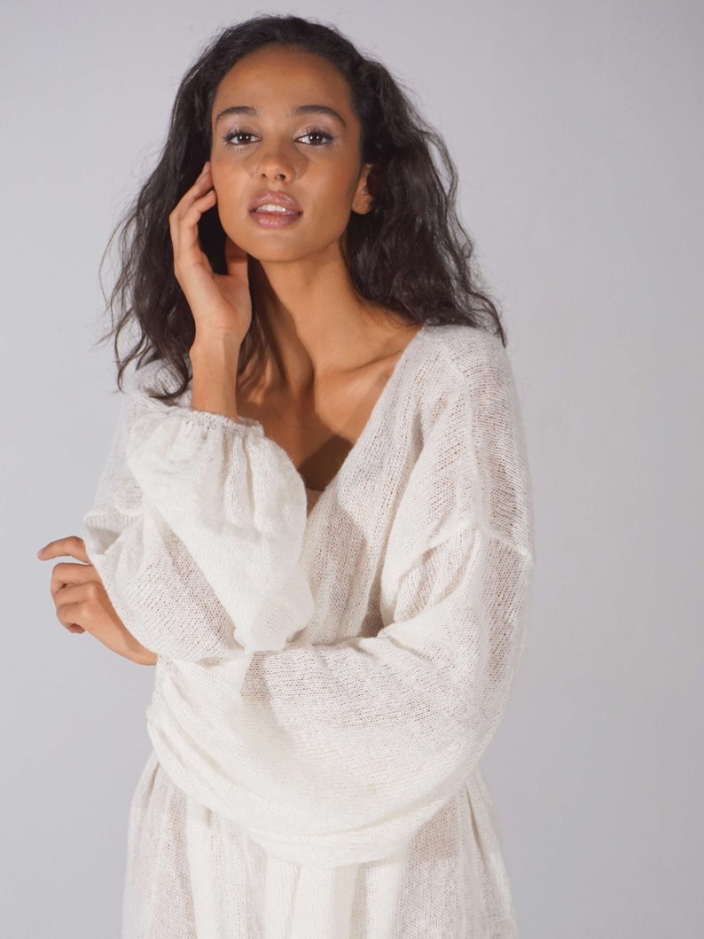 Bridal white mohair cape, Long belted open front cardigan, Gentle wrap cardigan image 3