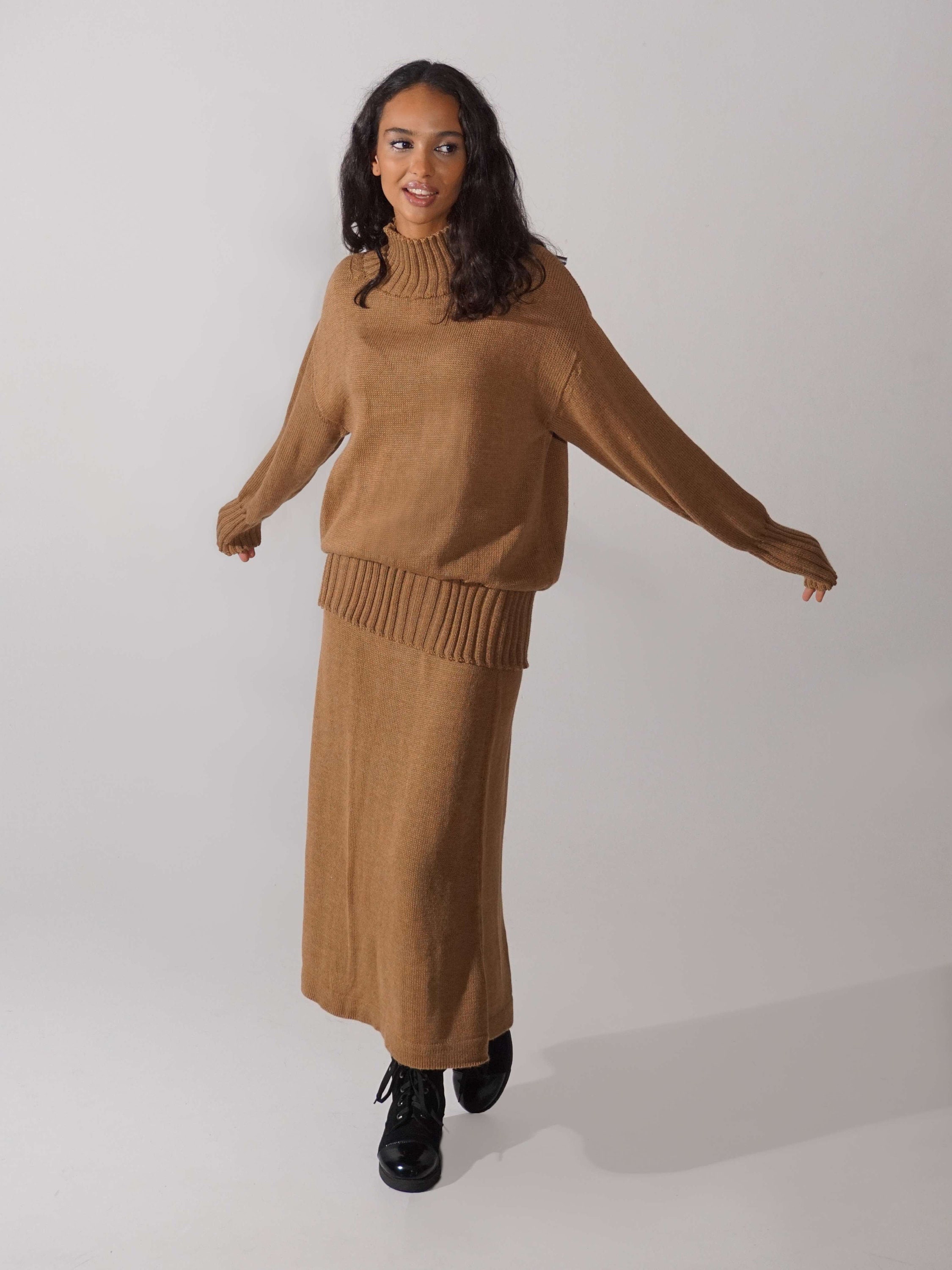 Camel Handknitted Merino Skirt Suit, Sweater Long Skirt Set, Cozy