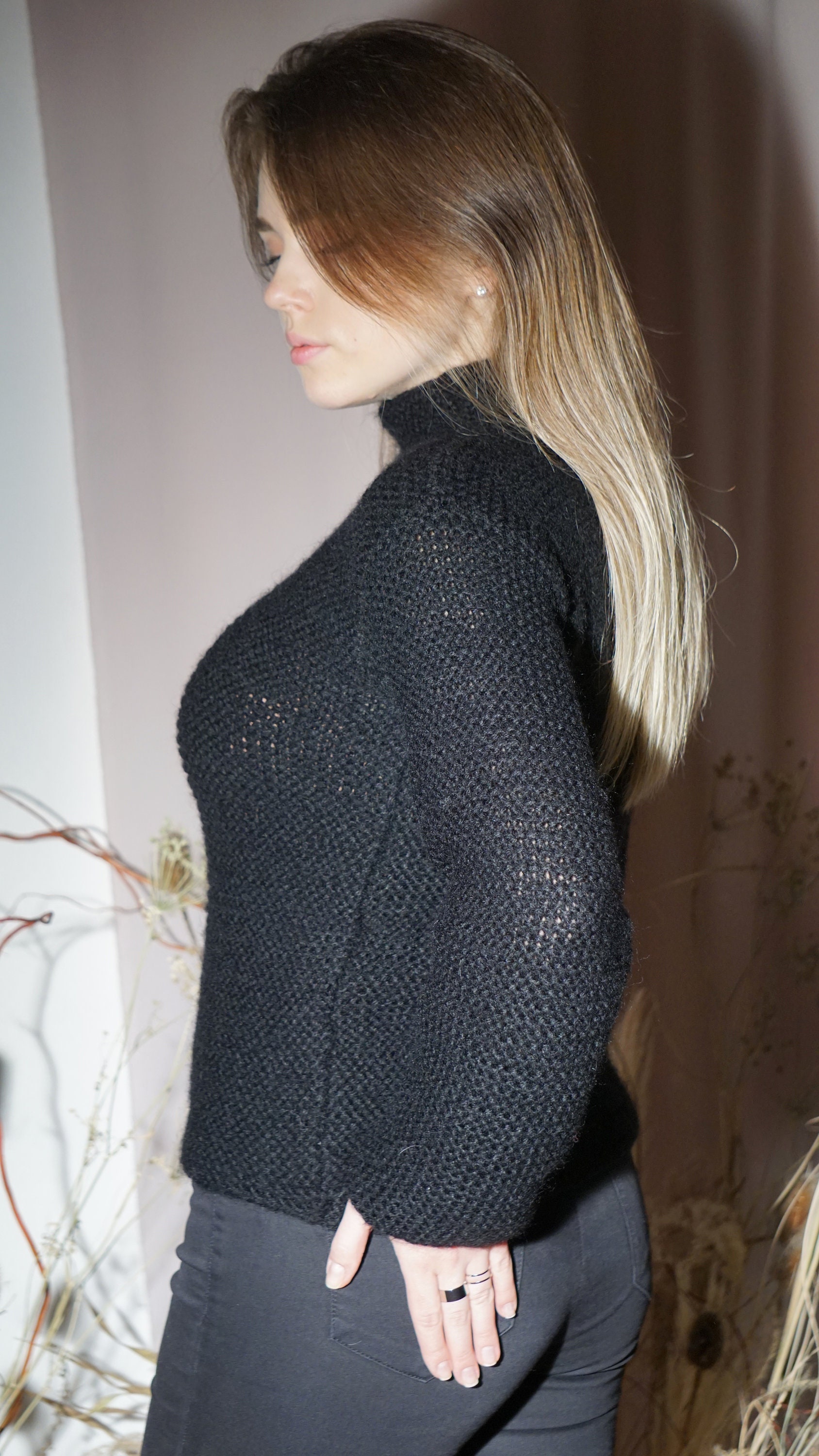 Basic garter knitted black sweater Casual angora warm Etsy