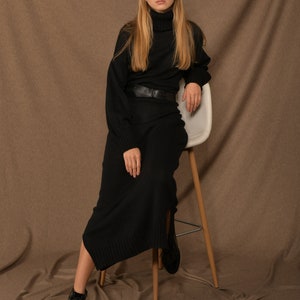 Knitted black wool maxi dress, Long sweater casual dress, Turtleneck warm dress image 4