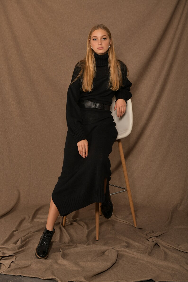 Knitted black wool maxi dress, Long sweater casual dress, Turtleneck warm dress image 4