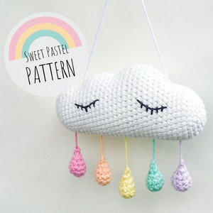 Crochet Cloud with Raindrops Pattern, Hanging Wall Decoration, Baby Cloud Mobile, Rainbow Decor, Crochet Pattern