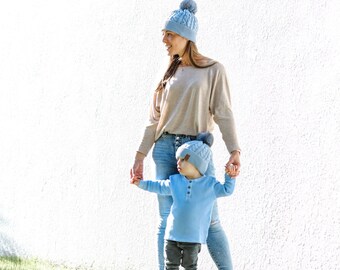 Blue 100% Cotton Beanie | Pom Pom Winter Beanie | Kids Beanie | slouchy Beanie | Family Beanies | Matching Kids & Adults Beanies