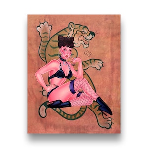 Tigeraso Tiger Flash Art Pin Up Vintage Sleaze Kitsch Art Print by Connie Chapa
