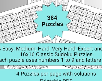 May include: A collection of 384 printable 16x16 Sudoku puzzles. The puzzles are divided into six difficulty levels: Easy, Medium, Hard, Very Hard, Expert, and Insane. Each puzzle uses numbers 1 to 9 and letters A to F. The puzzles are printed four per page with solutions.