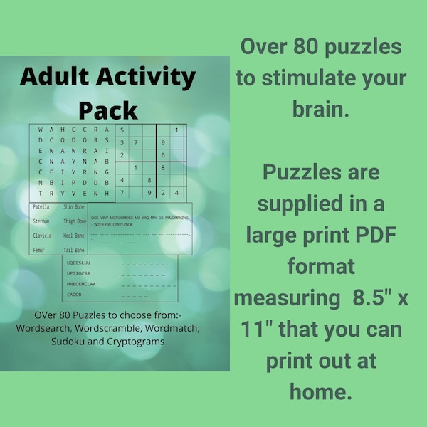 80 Pages Adult Activity Book, Puzzles for Grown Ups, Sudoku Puzzles, Adult Word Search, Cryptograms, Adult Word Scramble, Adult Word Match