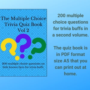 Volume 2 of 200 Multiple Choice Trivia Questions, Quiz for Grown Ups, Games Night Printable, Ready Made Quiz, Pub Quiz, Instant Download PDF