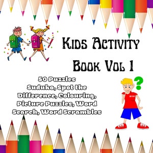 Kids Activity Book Vol 1, Kids Travel Activities, Printable Kids Activities, Spot the Difference, Coloring pictures, Suduko, Word Search
