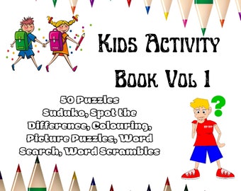 May include: A colorful book cover with a title that reads "Kids Activity Book Vol 1". The cover features illustrations of children with backpacks, a question mark, and a border of colored pencils.