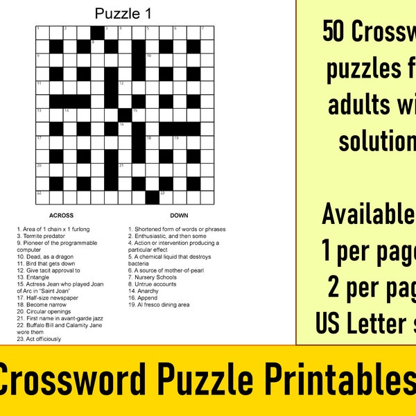 50 Printable Crossword Puzzles for Adults,  Fun Activities for Seniors,  Large Print Crosswords with Solutions, Instant Download PDFs