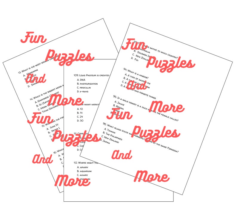 200 Multiple Choice Trivia Questions Quiz for Grown Ups Etsy