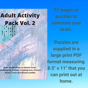 Adult Activity Pack Vol 2, Puzzles For Grown Ups, Adult Word Search, Cryptograms, Adult Word Scramble, Adult Word Match, Sudoku, 97 Pages