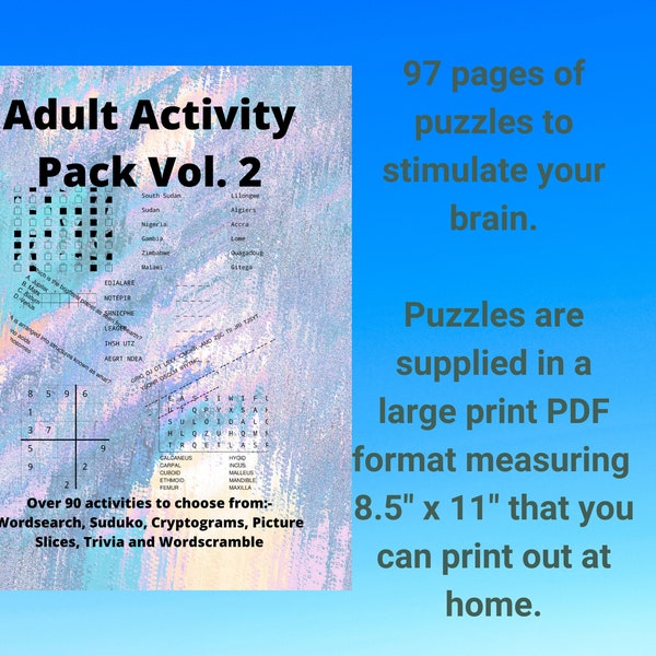 Adult Activity Pack Vol 2, Puzzles For Grown Ups, Adult Word Search, Cryptograms, Adult Word Scramble, Adult Word Match, Sudoku, 97 Pages