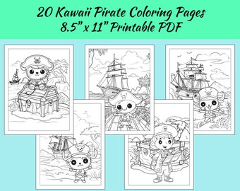 Kawaii Pirate Coloring Pages: 20 Illustrations (Digital Download)