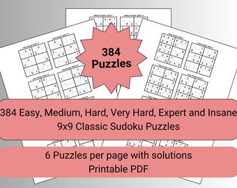 384 個のクラシック 9x9 数独パズル – 簡単なものからとんでもない難易度まで | PDF をすぐにダウンロード