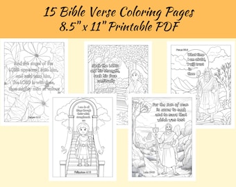 May include: 15 printable coloring pages featuring Bible verses. Each page is 8.5 inches by 11 inches and includes a black and white illustration with a Bible verse.