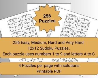 256 個のクラシック 12x12 数独パズル – 簡単から非常に難しい | PDF をすぐにダウンロード