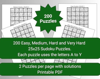 200 Classic 25x25 Letter Sudoku Puzzles – Easy to Very Hard | Instant Download PDFs