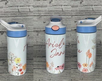 Taza aislada personalizada para niños, termo de acero inoxidable de 12 oz, taza floral personalizada, botella de agua para niñas, regreso a la escuela, regalo de bebé
