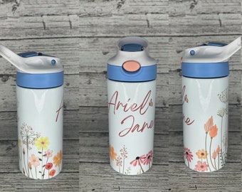 Personalized Kids Insulated Cup, 12 oz Stainless Steel Thermos, Floral Custom Sippy Cup, Water Bottle for Girls, Back to School, Baby Gift