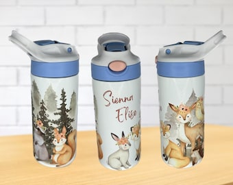 Taza aislada personalizada para niños, termo de acero inoxidable de 12 oz, taza de sorbo personalizada Woodland, botella de agua para niñas, regreso a la escuela, regalo de bebé
