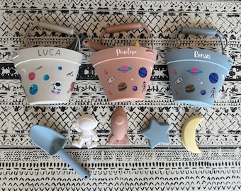 Juego de cubos de arena de playa, juguetes de playa de silicona para niños, patrón espacial - Astronauta - Cubo, pala y moldes personalizados