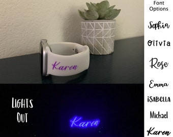 Glow in the Dark - Personalized Engraved Apple Silicone Sport Watch Bands with Custom Font Names - Color