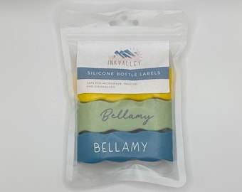 Paquete de 3 bandas para biberones - Etiquetas de nombre de silicona para guardería - Etiquetas personalizadas para biberones y tazas para sorber / Regalo para bebés y niños pequeños