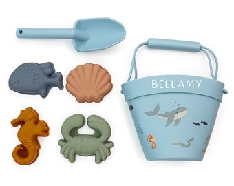 Beach Sand Bucket Set, Silicone Beach Toys for kids, Sea Animals Pattern - Personalized Bucket, shovel & molds