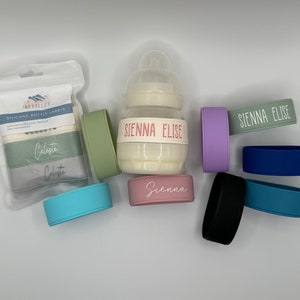 3pk Bottle Bands - Etichette in silicone con nome per l'asilo nido - Etichette personalizzate per biberon e tazze con beccuccio / Regalo per neonati e bambini piccoli