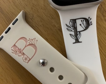 Monograma Floral - Personalizado Grabado Apple Silicone Sport Watch Bands - Color