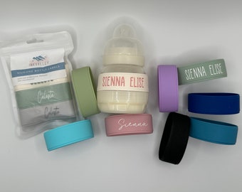 Paquete de 3 bandas para biberones - Etiquetas de silicona con nombre para guardería - Etiquetas personalizadas para biberones y vasos con boquilla / Regalo para bebés y niños pequeños