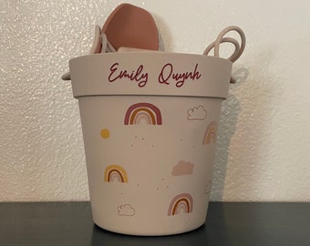 Juego de cubos de arena de playa, juguetes de playa de silicona para niños, patrón de arcoíris, cubo, pala y moldes personalizados