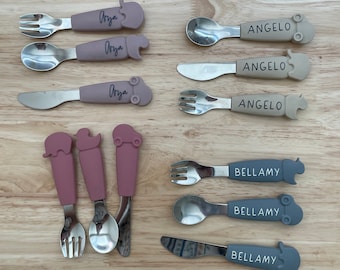 Juego de cubiertos de silicona personalizados, cuchara, tenedor y cuchillo, grabado de nombre personalizado, regalo de bebé, regalo para bebés y niñas
