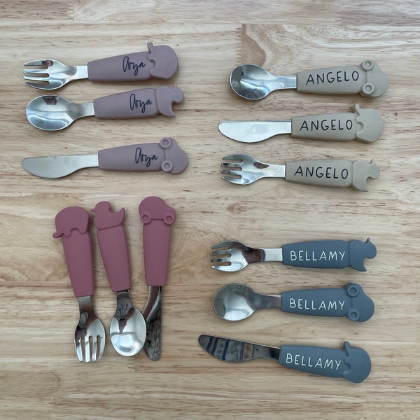 Personalized Silicone Cutlery Set, spoon, fork, and knife, Custom name engraving, Baby Gift- Gift for Baby Boys and Girls