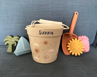 Juego de cubos para arena de playa, Juguetes de playa de silicona para niños, Patrón de sol, Cubo, pala y moldes personalizados