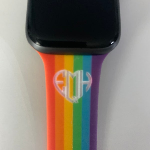 Personalized Engraved Apple Silicone Sport Watch Bands with Custom Monograms - Rainbow Color